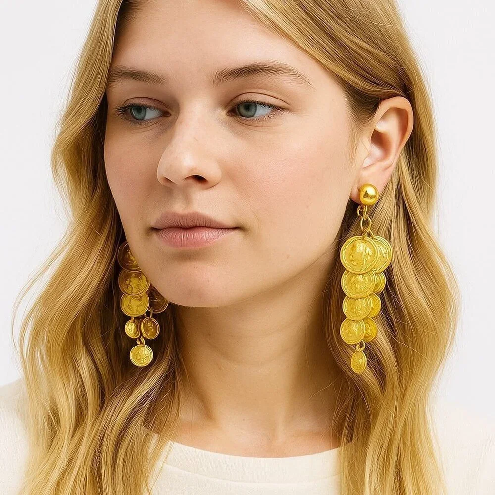 Vintage Gold Coin Cascade Dangle Clip-On Earrings Roman Coin